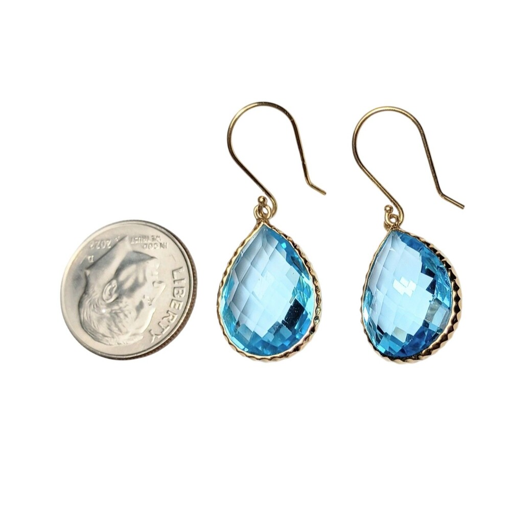 14K Yellow Gold Swiss Blue Topaz Drop Dangle French Wire Earrings - Picture 5 of 12